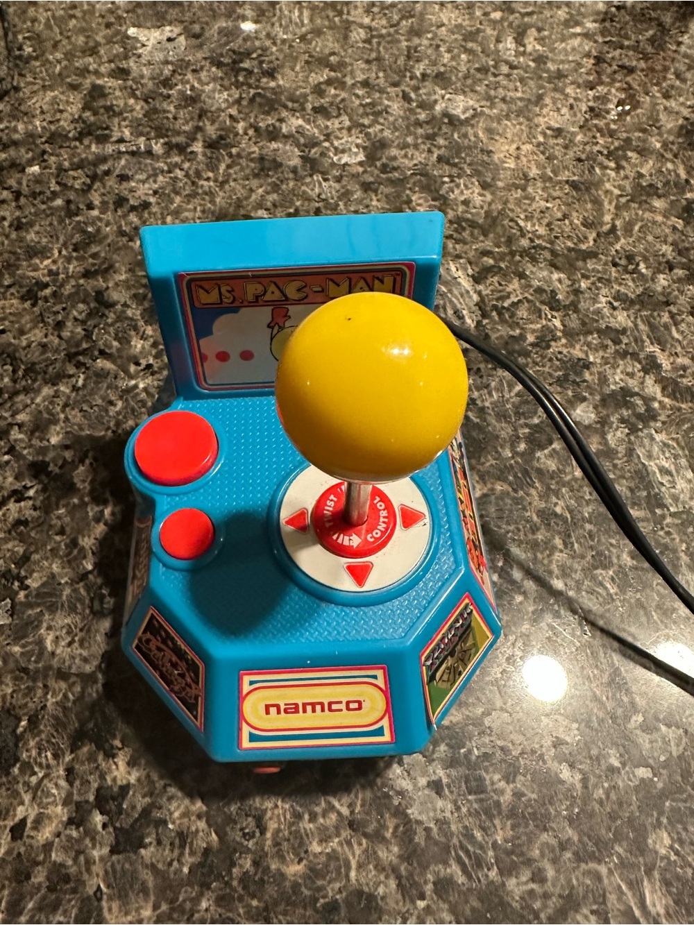Namco Blue Mini Arcade Joystick with Yellow Ball Top and Red Buttons